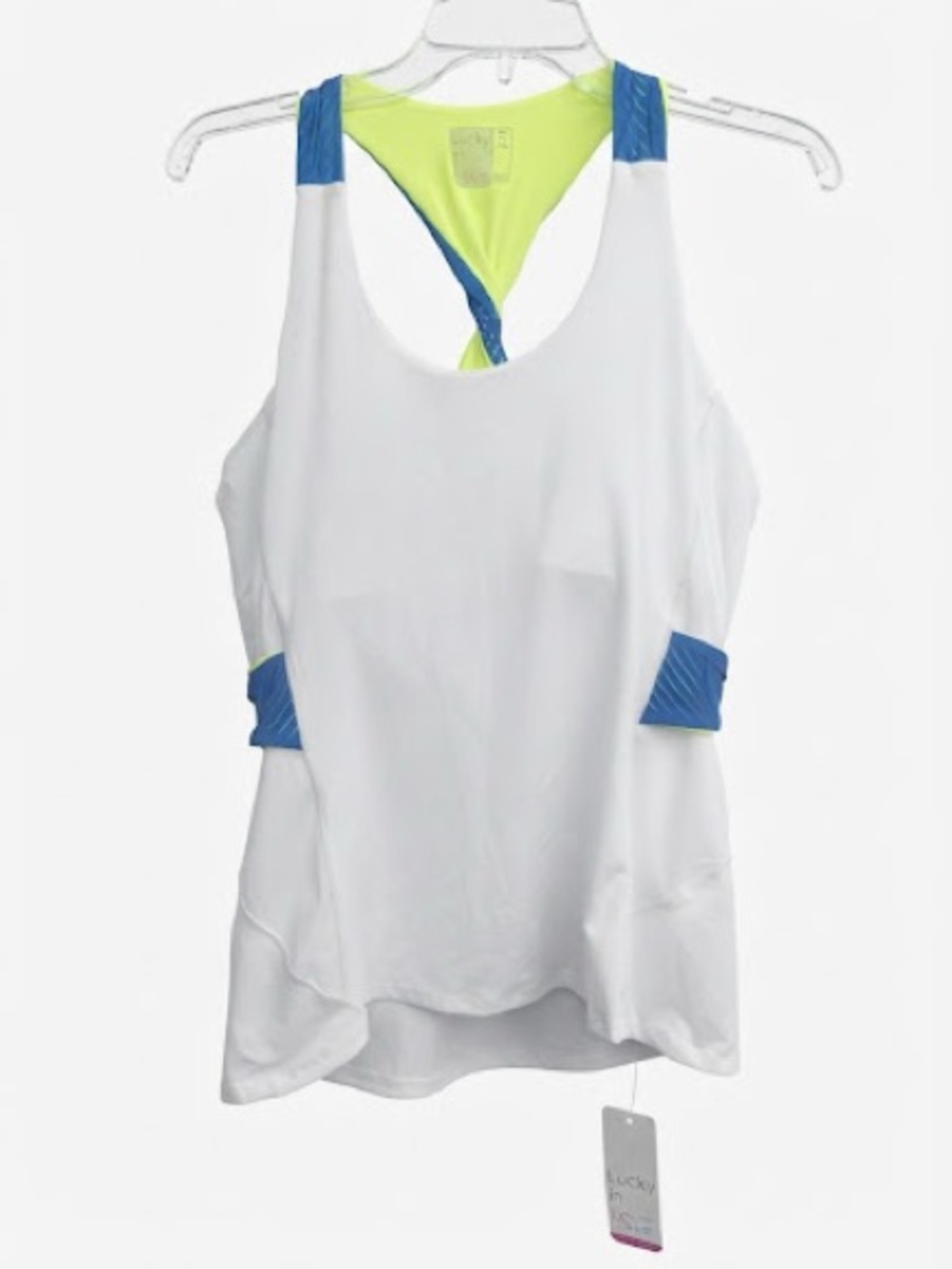 Lucky in Love White Tennis Tank with Blue Straps & Neon Yellow Back